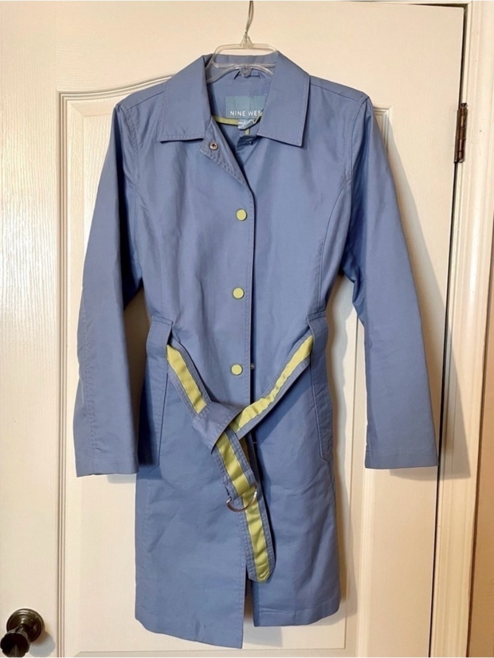 Nine West 90s Y2K Blue Rain Trench Coat Lime Green Trim Belted Size L  Coastal - Picture 2 of 9